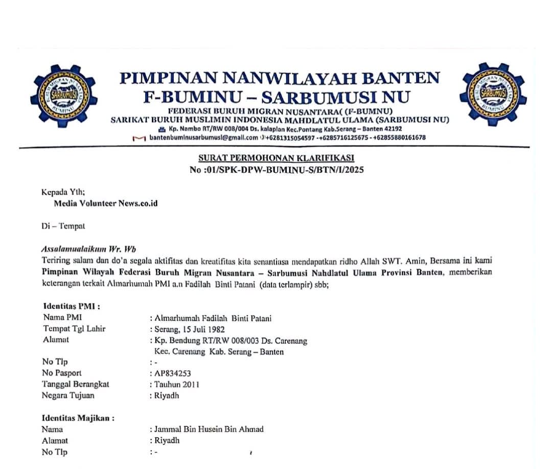 Terkait Fadilah TKW Kab.Serang Banten yang Tewas di Arab Saudi, F-Buminu Sarbumusi Nu Wilayah Banten Selaku Penerima Kuasa Khusus Beri Klarifikasi