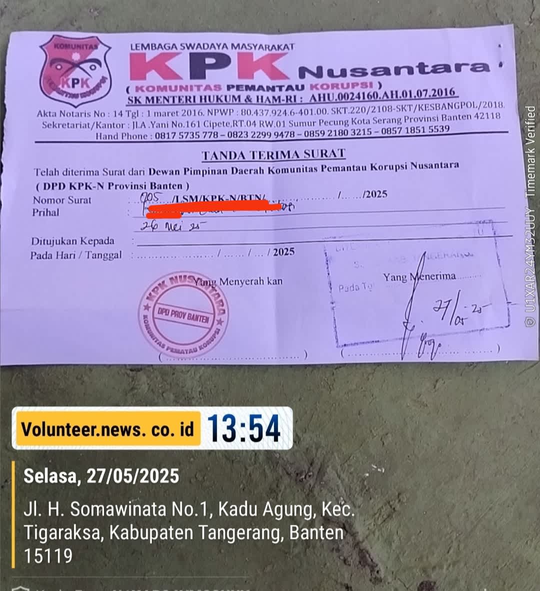 KPK Nusantara Provinsi Banten Laporkan CV. Sama Mega Indah Ke Bupati Tangerang