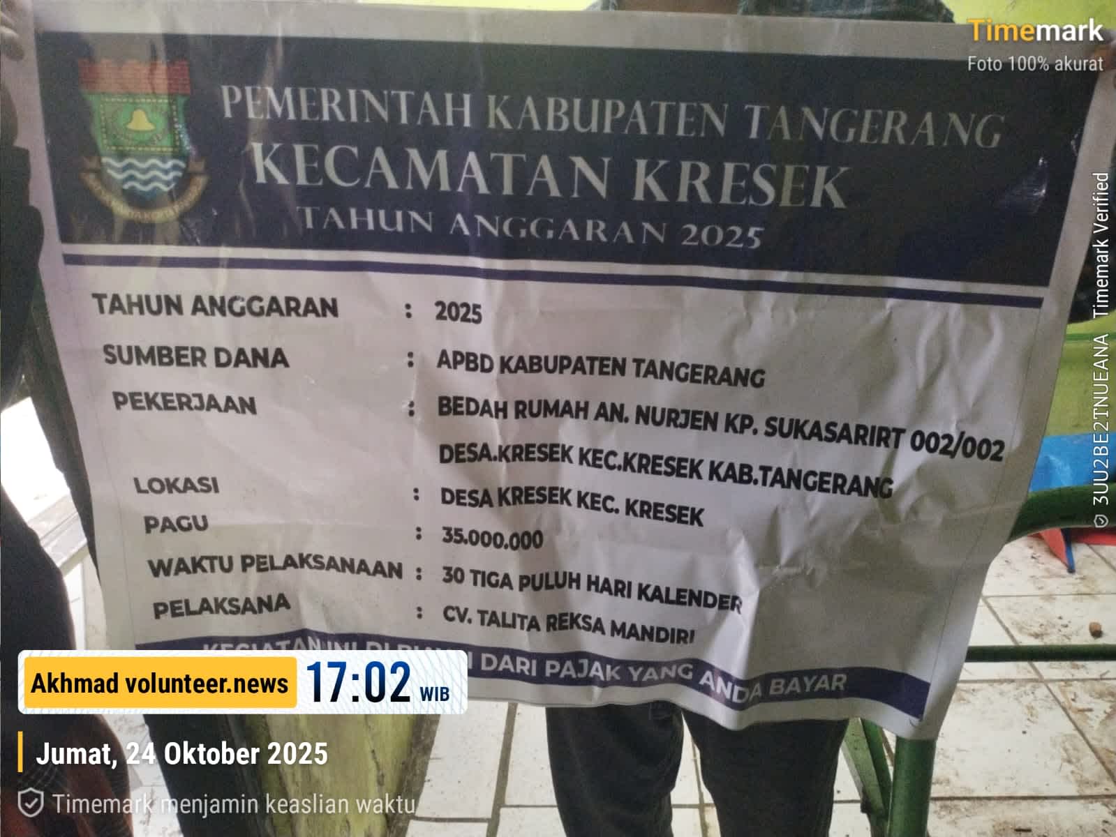Realisasi Proyek Bedah Rumah di Kampung Sukasari RT.02/02 Desa Kresek Kec.Kresek, Tangerang Diduga Bermasalah